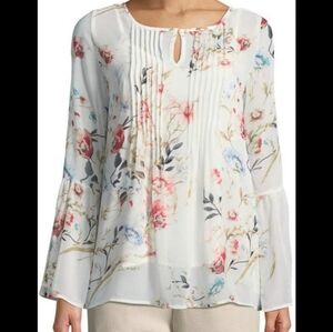 White House Black Market Floral Mimosa Chiffon Bell Sleeved Blouse Tunic TopSzXL
